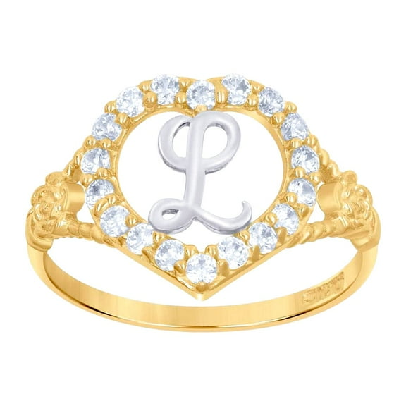 10k Two-tone Gold Womens Cubic Zirconia Polished Finish Love Heart Shape Letter L Initial Ring Statement Ring for Women