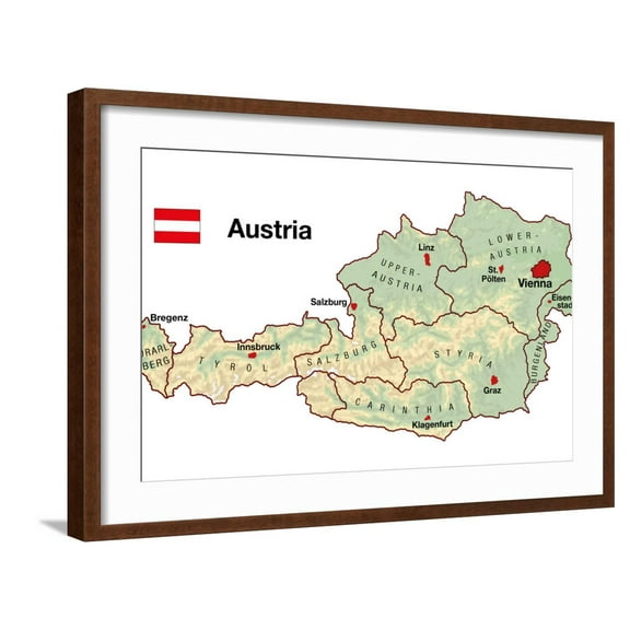 Art.com Austria Map Art Print by Peter Hermes Furian, Brown Frame Wall Art, 29" x 21"