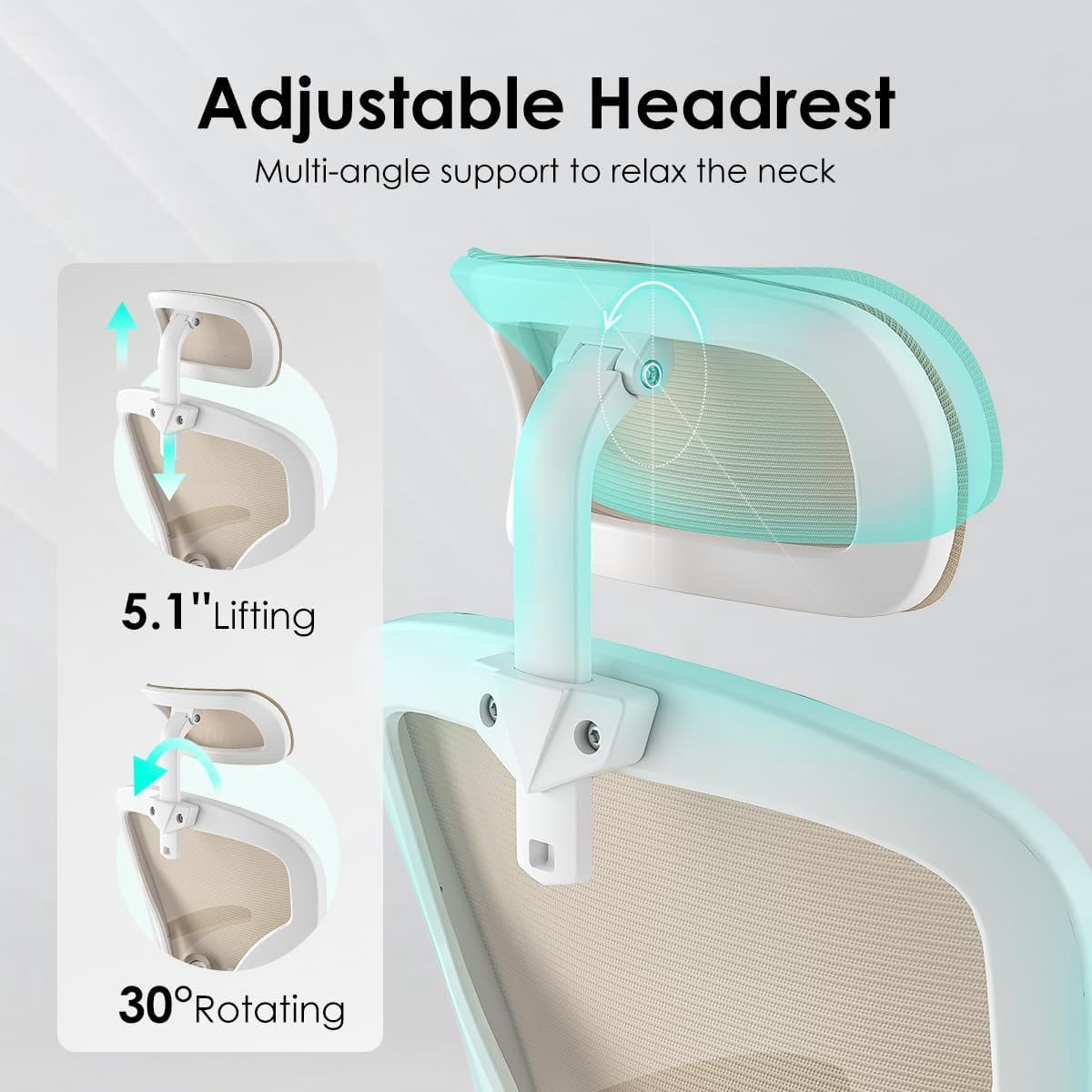 STARY Ergonomic Mesh Office Chair with Headrest, Tall Reclining Computer Chair with Adjustable Lumbar Support and Adjustable Arms for Home Office, White & Khaki