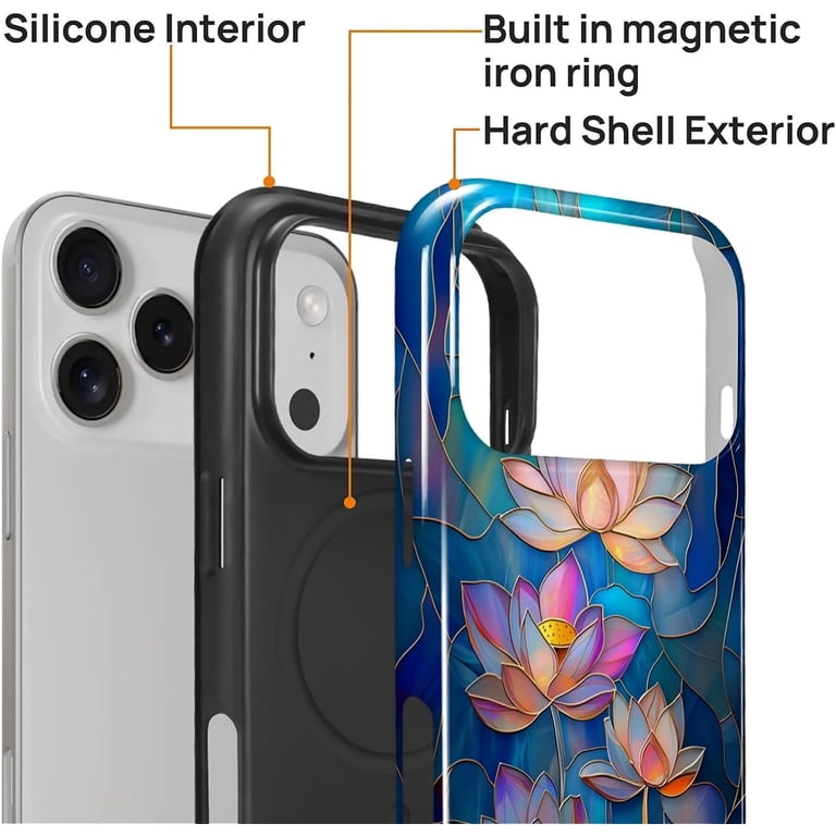 Case for iPhone 17 Pro, [Compatible with MagSafe], Magnetic Phone Glossy  Cover, Hybrid Heavy 2 in 1 Full Body Rugged Shockproof-Stained Glass Pastel  Lotus - Walmart.com