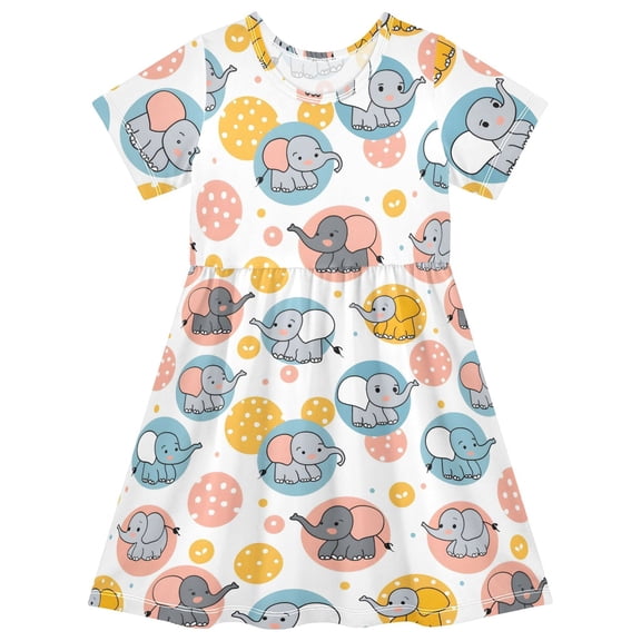 Elephant Short Sleeve Dress A-Line Cute Midi Casual Sundress 2-8 Years
