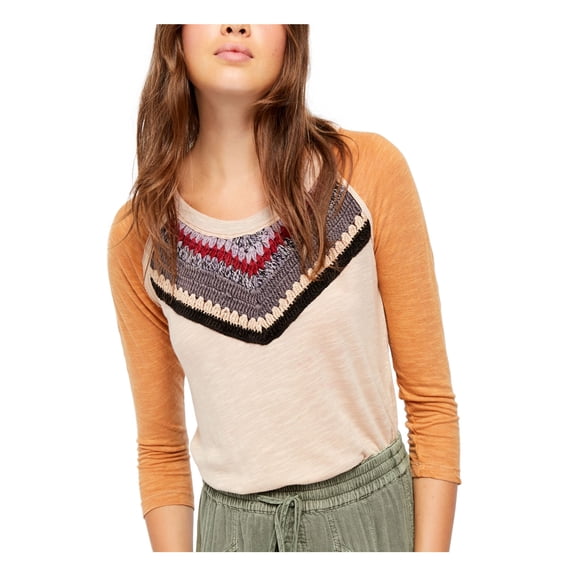 FREE PEOPLE Womens Beige Knitted Front 3/4 Sleeve Top Size: S