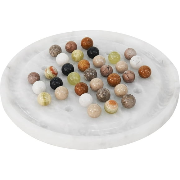 Radicaln Marble Solitaire Board Game with 42 Marble Balls Handmade White 10" Board, BrainTeaser Game