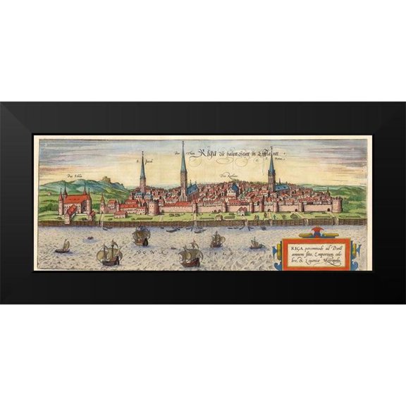 Hogenberg, Braun 14x8 Black Modern Framed Museum Art Print Titled - Riga Latvia
