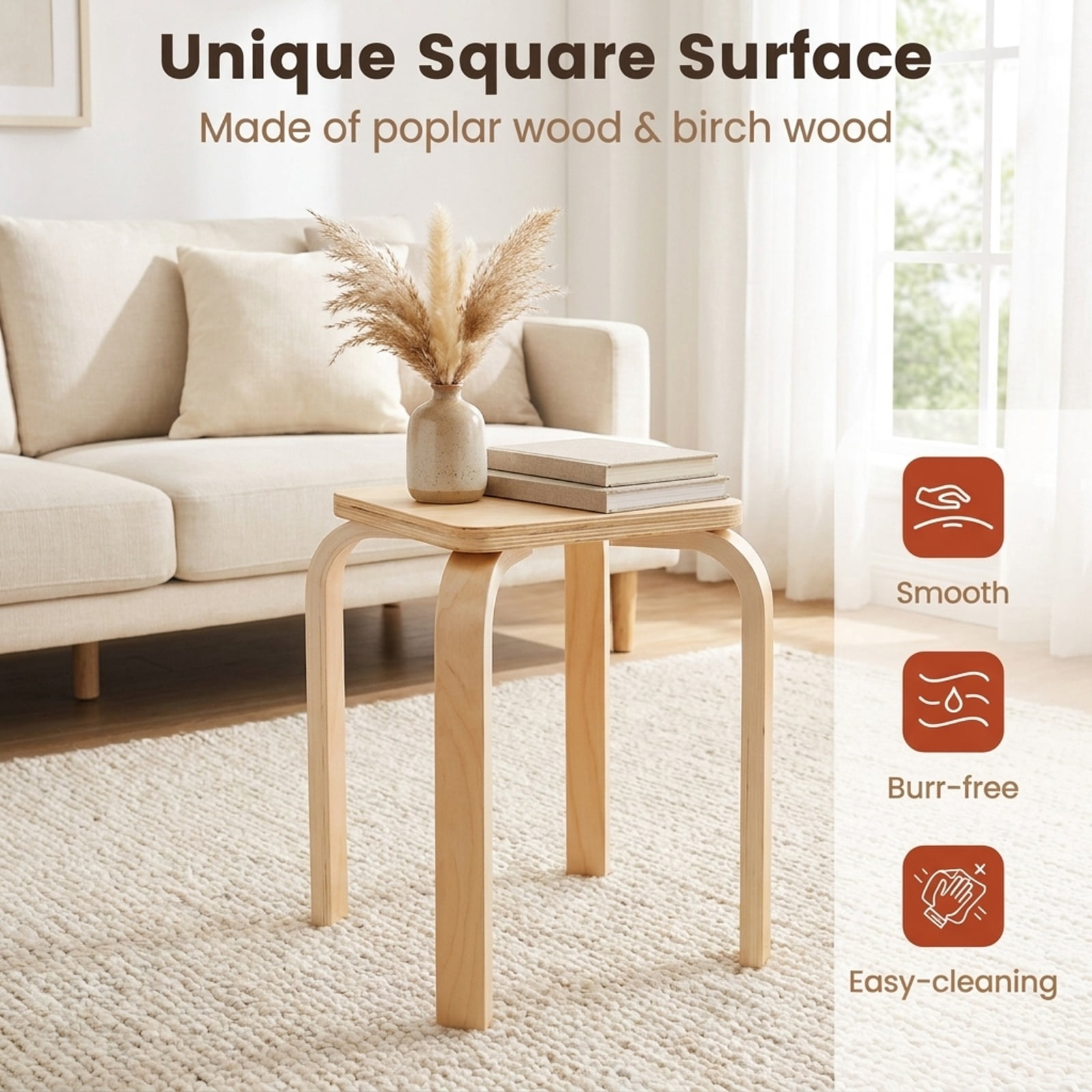Furnibear Stackable Wood Stools Set of 4 with Square Top and Rounded Corners in Natural