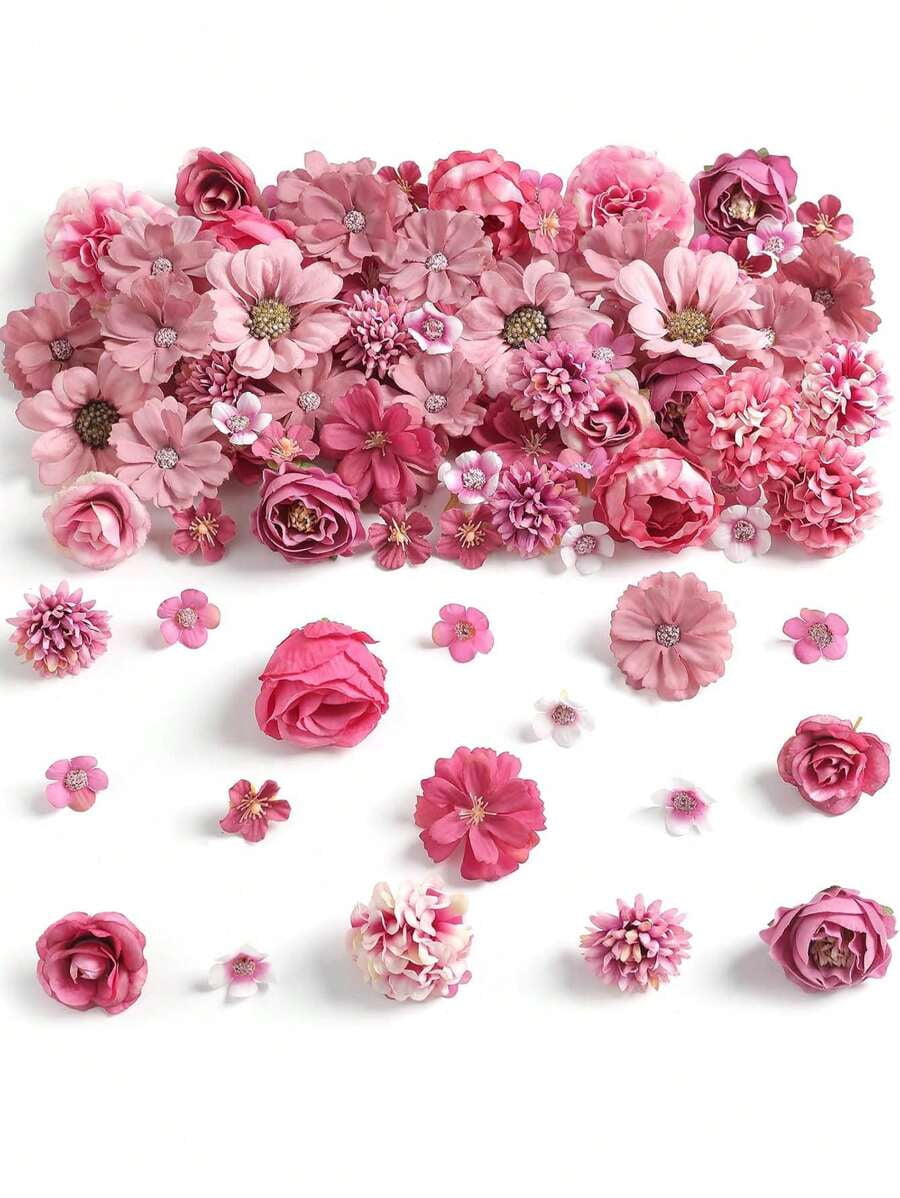 80pcs Pink Mini Artificial Flower Heads, Silk Artificial Plum Blossom Heads, Fake Peony Rose Daisy Flower Heads, For DIY Wreath,Cake,Wedding,Party,Graduation, Hat, Shoes,Vase Decor, Autumn Decoration