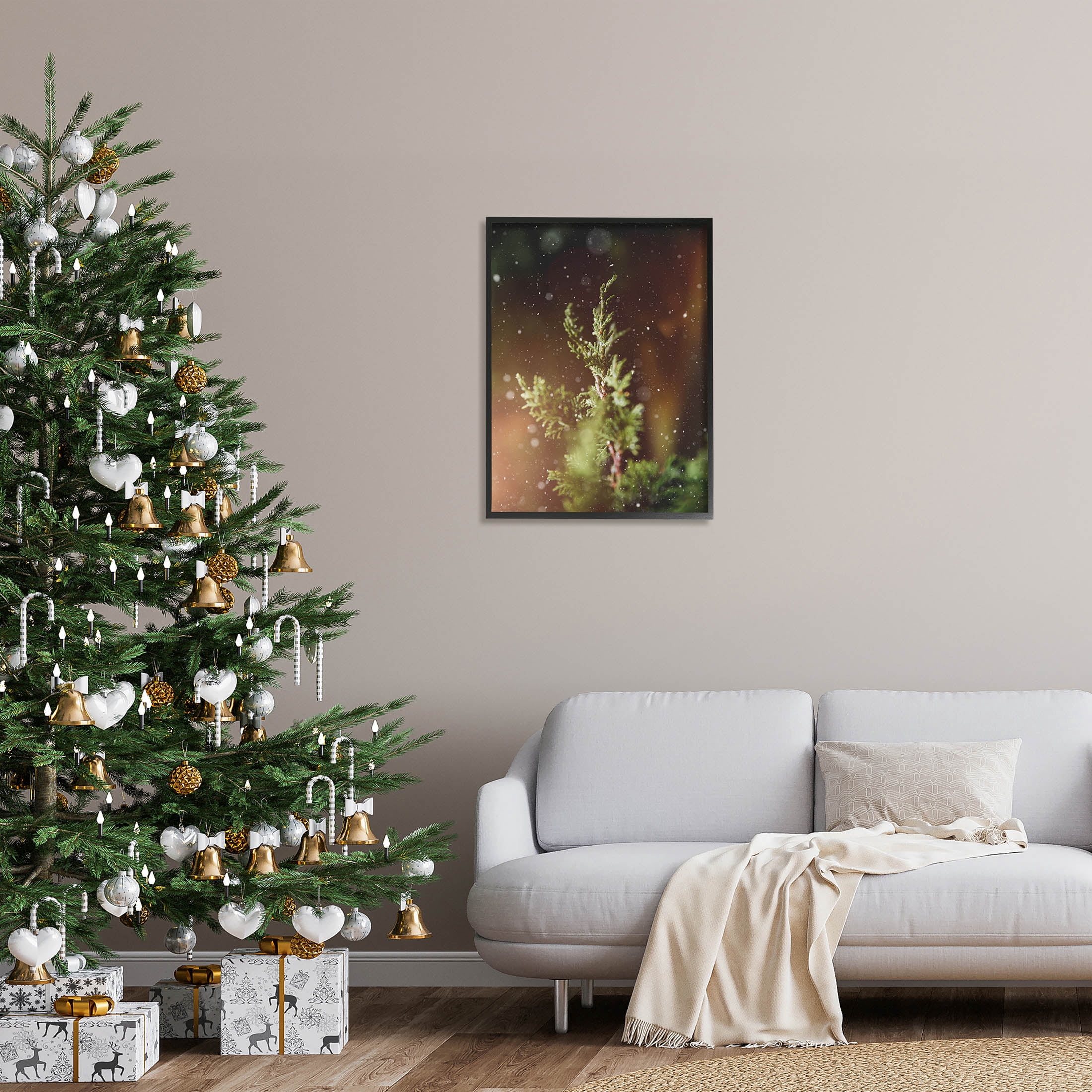Winter Snowfall Night Pine Tree Holiday Photograph Black Framed Art Print Wall Art