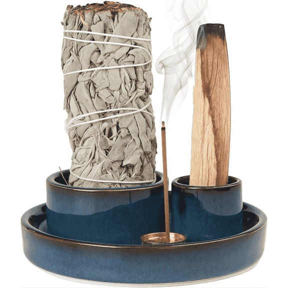 Wuxiuli 4 in 1 Ceramic Round Incense Holder with Ash Catcher Blue 1pack