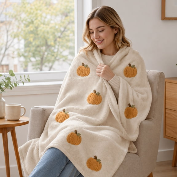 Fall Harvest Pumpkin Fleece Blanket, Cream Soft Plush Throw with Orange Pumpkin Embroidery, Cozy Autumn Decor for Living Space (Yellow ,40"×60")