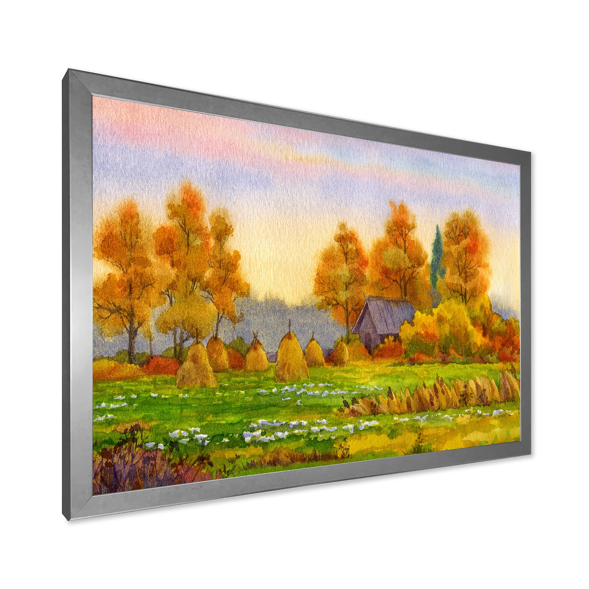 Designart 'Orange Fields With Haystacks I' Lake House Framed Art Print