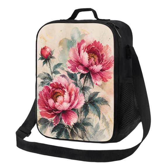 Peony Floral Lunch Bag Insulated Thermal Lunch Box with Shoulder Strap & Handle for Women and Men