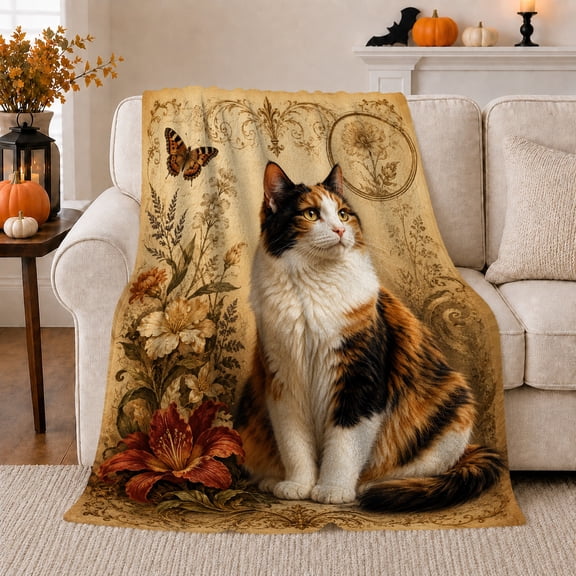 Fluffy Calico Cat Portrait Botanical Accents Vintage Illustration, Cozy Pet Portrait Pattern, Warm Flannel Blanket for Living Room and Bedroom, Cat Lovers Just Because Gift, Pet Lover Home Decor