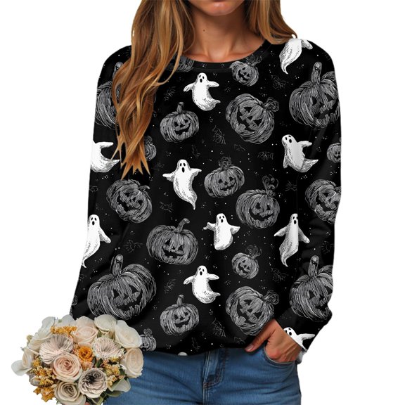 YDFCWXW Womens Crewneck Sweatshirts Fall Winter Long Sleeve Pullover Tops Casual Halloween Graphic Oversized Shirts 2025 Black, M