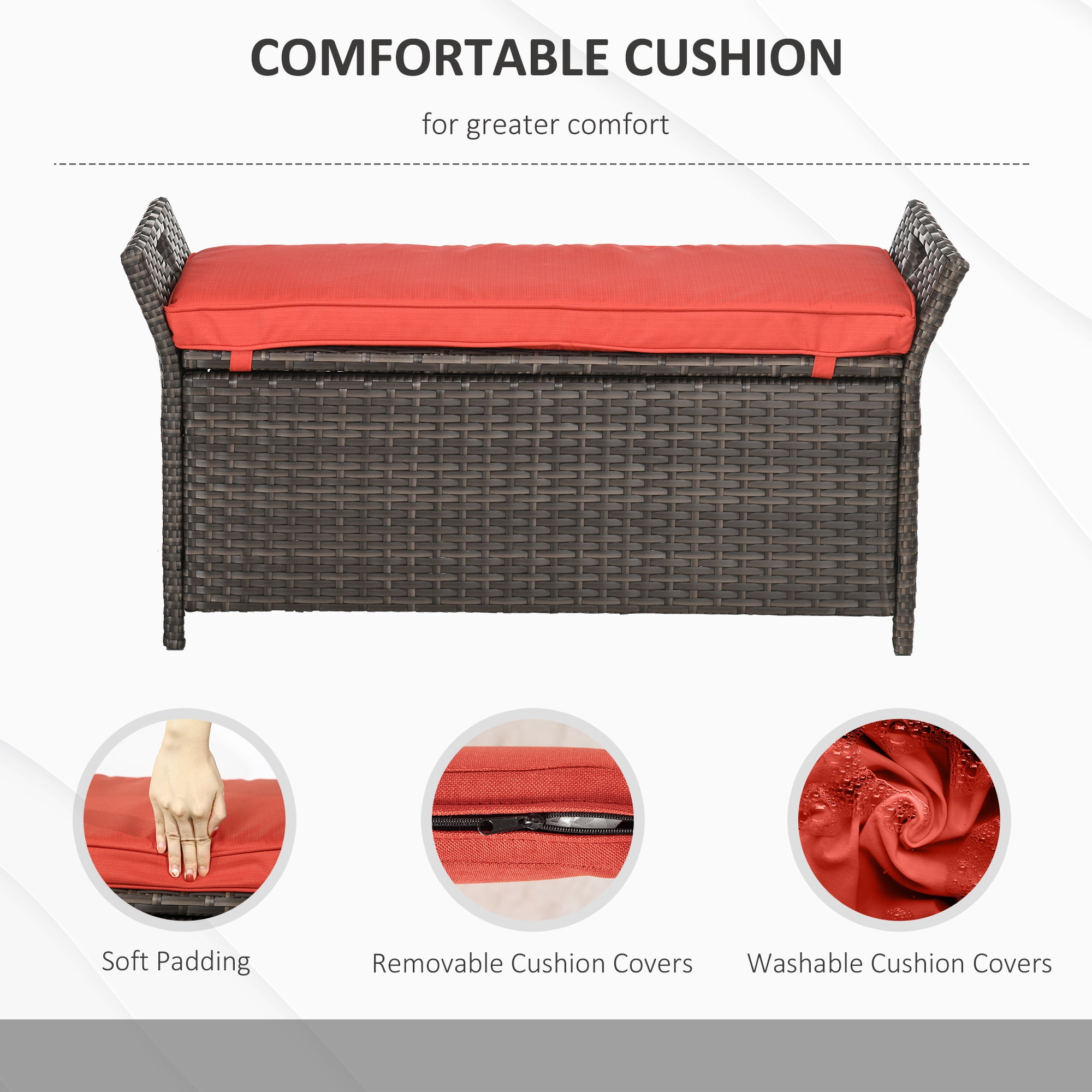 Aimee Lii 27 Gallon Patio Wicker Storage Bench, 2-In-1 Large Capacity Rectangle Garden Storage Box with Handles and Cushion, Outdoor Rattan Patio Furniture, Red