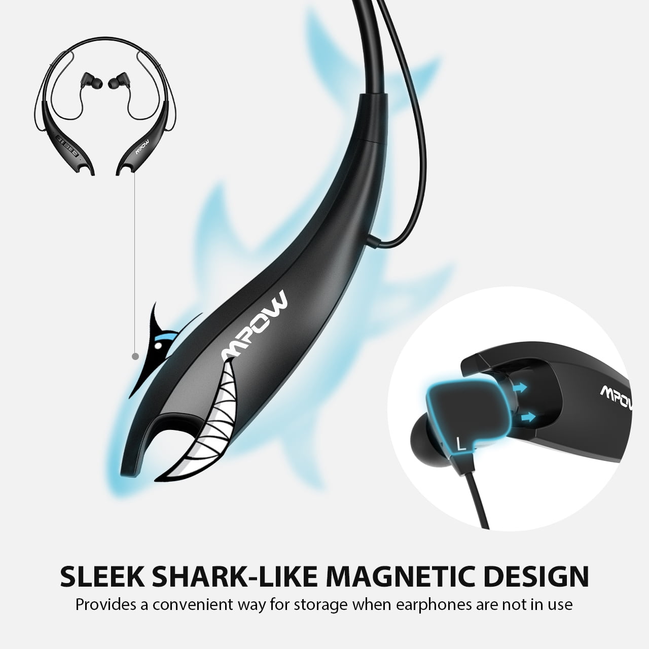 Mpow Neckband Bluetooth Headphones, Around The Neck Headphones 24H+ Playtime, Bluetooth Headsets with Call Vibration, Shark Jaw Design Wireless Earbuds+Noise Isolation/Built-in Mic/IPX7 Waterproof