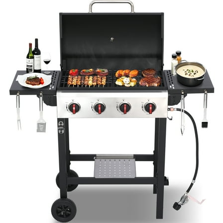4-Burner Propane Gas Grill with Cast Iron Grates, 302 Sq. In. BBQ Grilling Space, Foldable Side Shelves for Portable Outdoor Patio Camping, Black