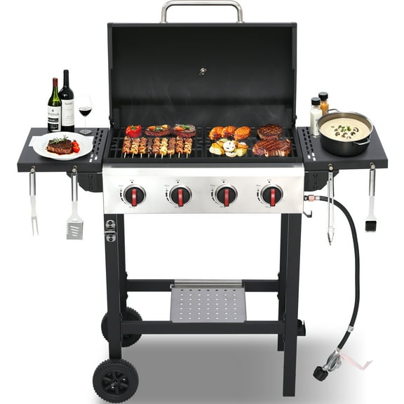 4-Burner Propane Gas Grill with Cast Iron Grates, 302 Sq. In. BBQ Grilling Space, Foldable Side Shelves for Portable Outdoor Patio Camping, Black