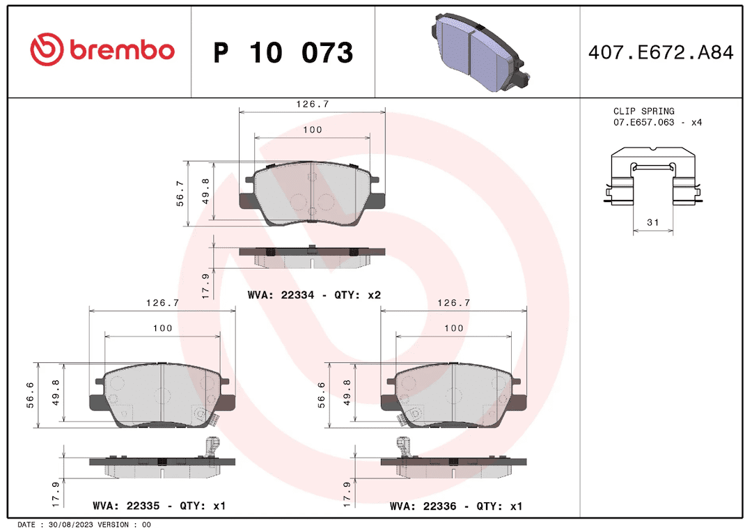 Brembo P10073; Brake Pad; PRIMELINE; FMSI Number D1844-9072; Low-Metallic; Set Of 4; With Mounting Hardware