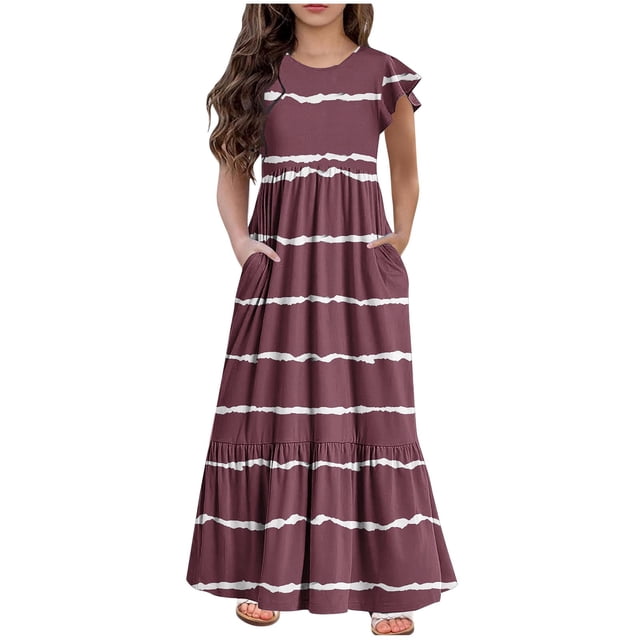 Jgppe Robe Maxi pour Filles Été Ample Basique Manches Courtes Ourlet à Volants Extensible Robes Longues Décontractées avec Poches 6-13 Ans
