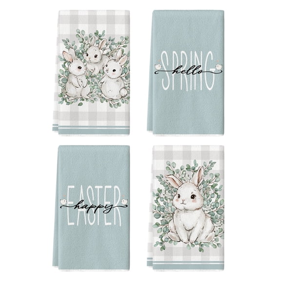 Sm:)e Buffalo Plaid Bunny Rabbit Eucalyptus Leaves Happy Easter Kitchen Towels Dish Towels, 18x26 Inch Hand Towels Set of 4