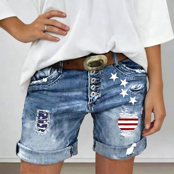 Trendfront Womens Slim Fit Distressed Printed Patchwork Cut-off Shorts Stretchy Denim Style Shorts Fashion Summer Outfits Casual Bottoms