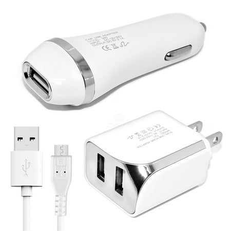 Accessory Kit 3 in 1 Charger Set For Huawei Honor V8 Cell Phones [2.1 Amp USB Car Charger and Dual USB Wall Adapter + 5 Feet Micro USB Cable] White