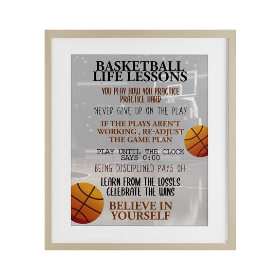 Basketball Life Lessons Birch Framed Print Under Glass, design by Kim Allen