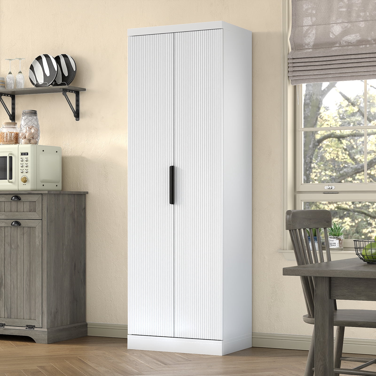 71'' Tall Storage Kitchen Pantry Cabinet with Adjustable Shelves&Fluted Door, 5-Tier Cabinet for Living Room Kitchen Dinning Room Bedroom, White