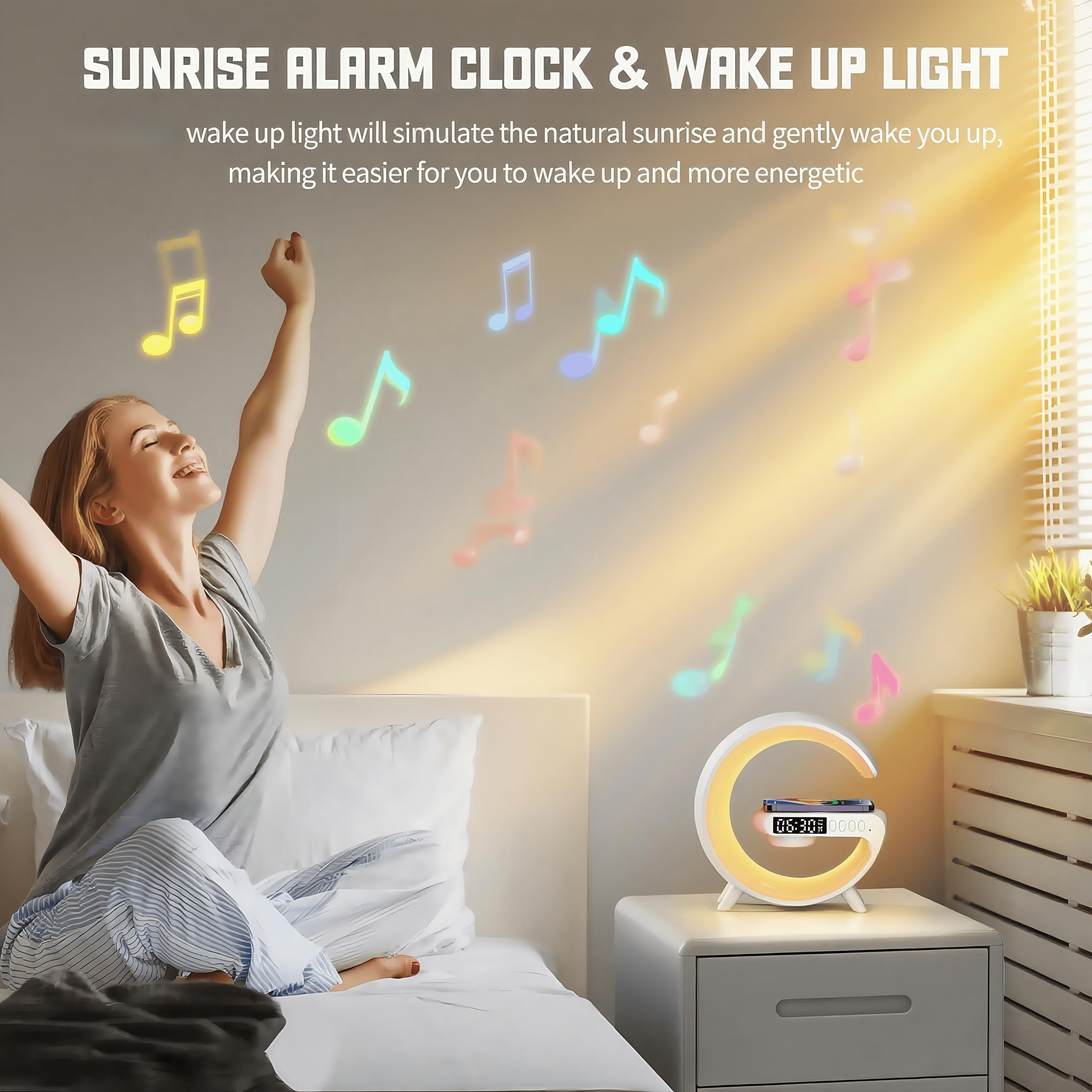 All-in-One Smart Bedside Lamp: 15W Fast Wireless Charger, Alarm Clock & Mood Light for Bedroom（Black）