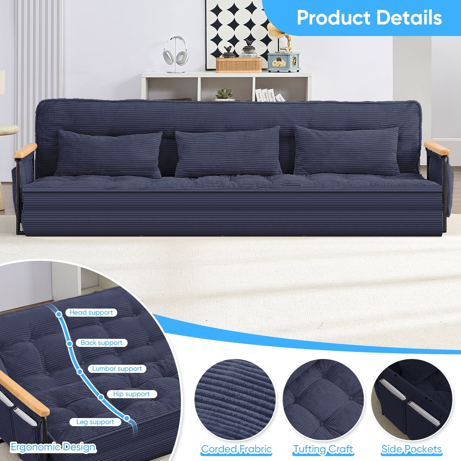 BALUS Futon Sofa Bed, 4-in-1 Corduroy Floor Couch Bed with Folding Mattress, Convertible Sleeper Sofa for Living Room, Blue