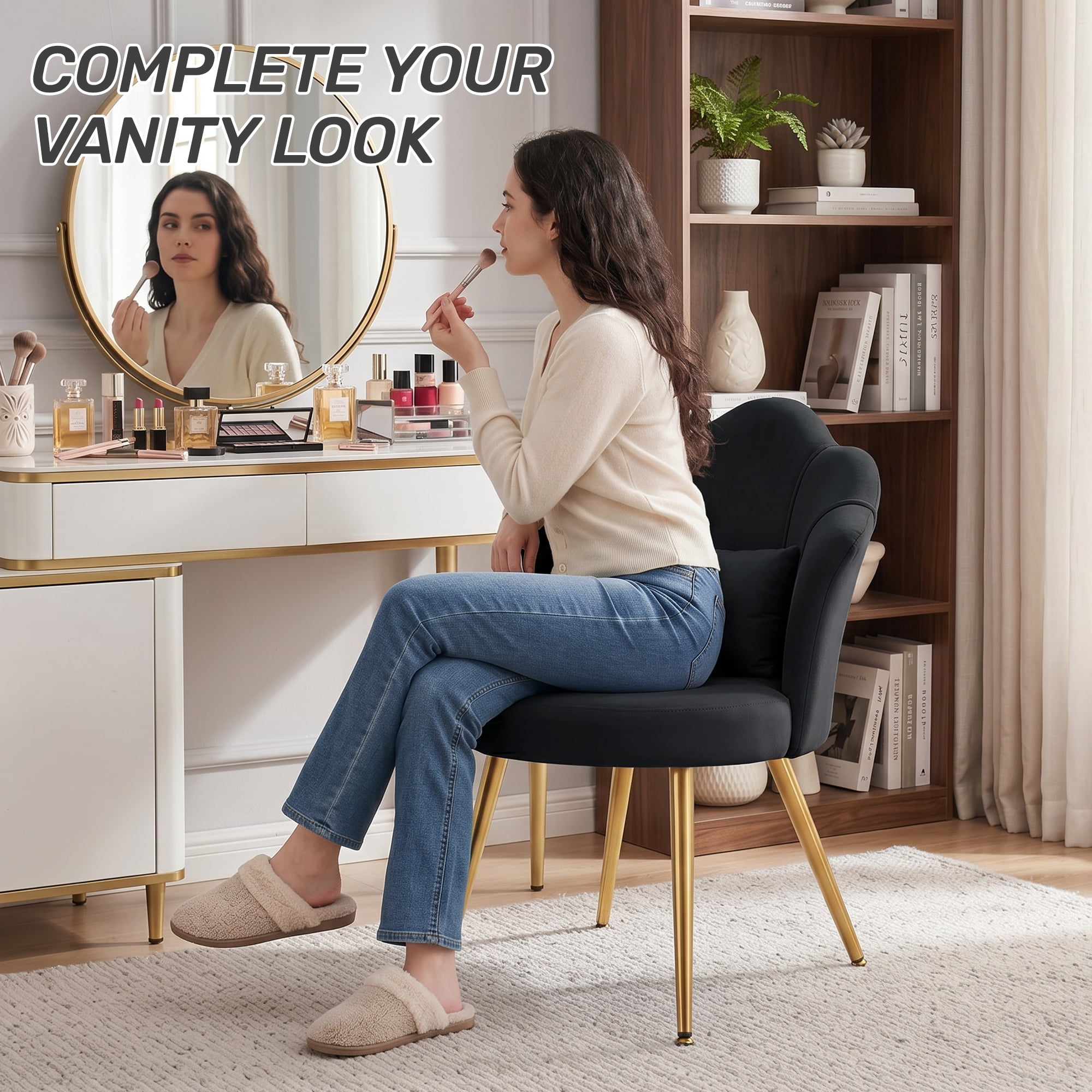 COOLHUT Petal Velvet Vanity Chair, Flower Cute Girls Mack Up Vanity Stool Chair with Lumber Pillow and Adustable Gold Legs, Upholstered Small Desk Chair for Living Room Bedroom Home Office, Black