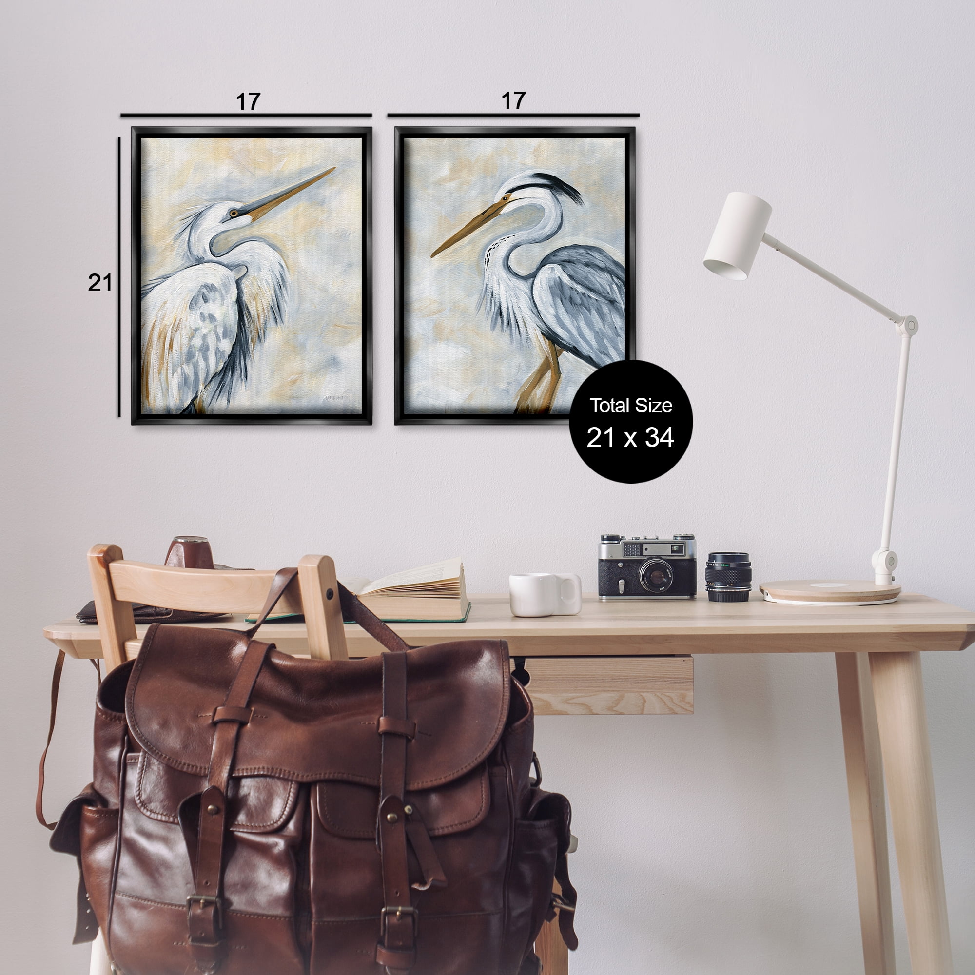 Stupell Industries White Egret Blue Heron Animals Painting Black Floater Framed Canvas Art Print Wall Art, 17 x 21, Set of 2