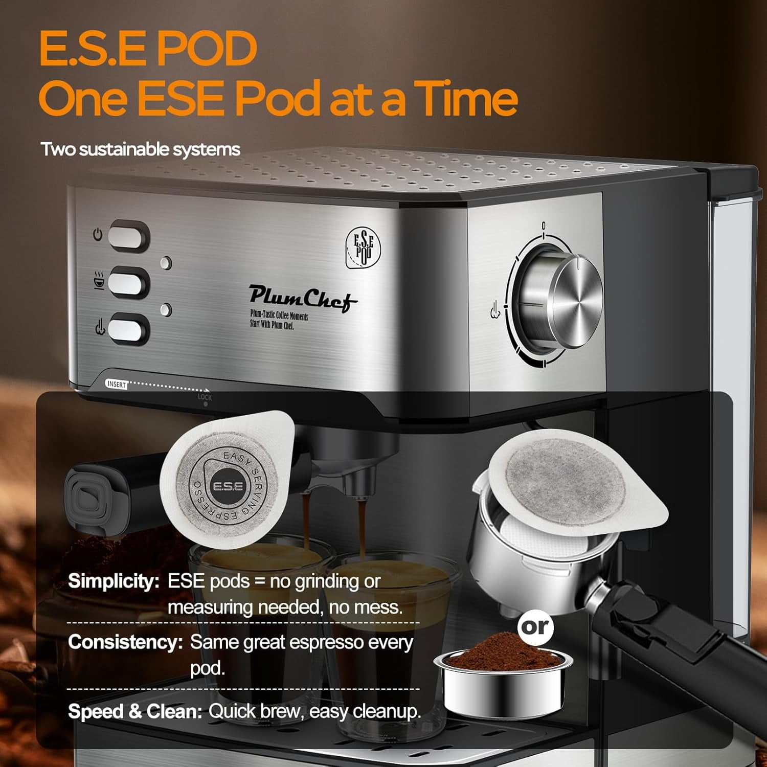 20Bar espresso machine high pressure extraction + visual pressure gauge supports ESE capsule/powder dual purpose with steam milk foam + cup preheating function size 11.02×9.21×12.28 inches