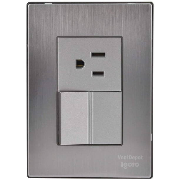 Placa Contacto Pared Inoxium1A1CSilver 1Pza Contacto/Apagador 125-250VCA 10/15A 50/60Hz Plateado Acero Inoxidable/PC.