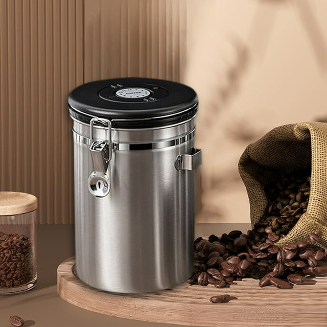 Bocal de Rangement à Café en Acier Inoxydable avec Évent Unidirectionnel - Récipient Hermétique de 1,2l, 1,5l Ou 1,8l pour Grains de Café, Poudre, Poudre de Lait - Inclut Cuillère Doseuse et Traqueur de Date - Acier Inoxydable 304