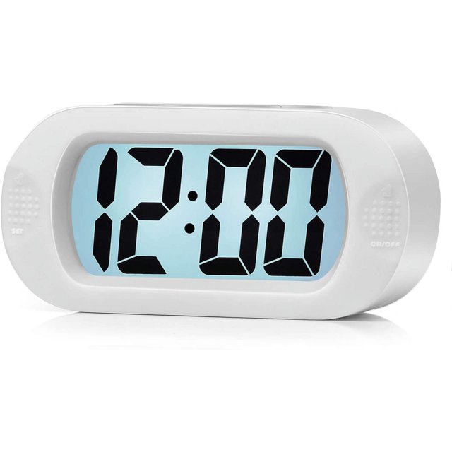 Reloj despertador electrónico, reloj despertador con pantalla LCD grande, con luz nocturna, funciona con pilas, adecuado para alarmas de viaje y de cabecera (blanco)
