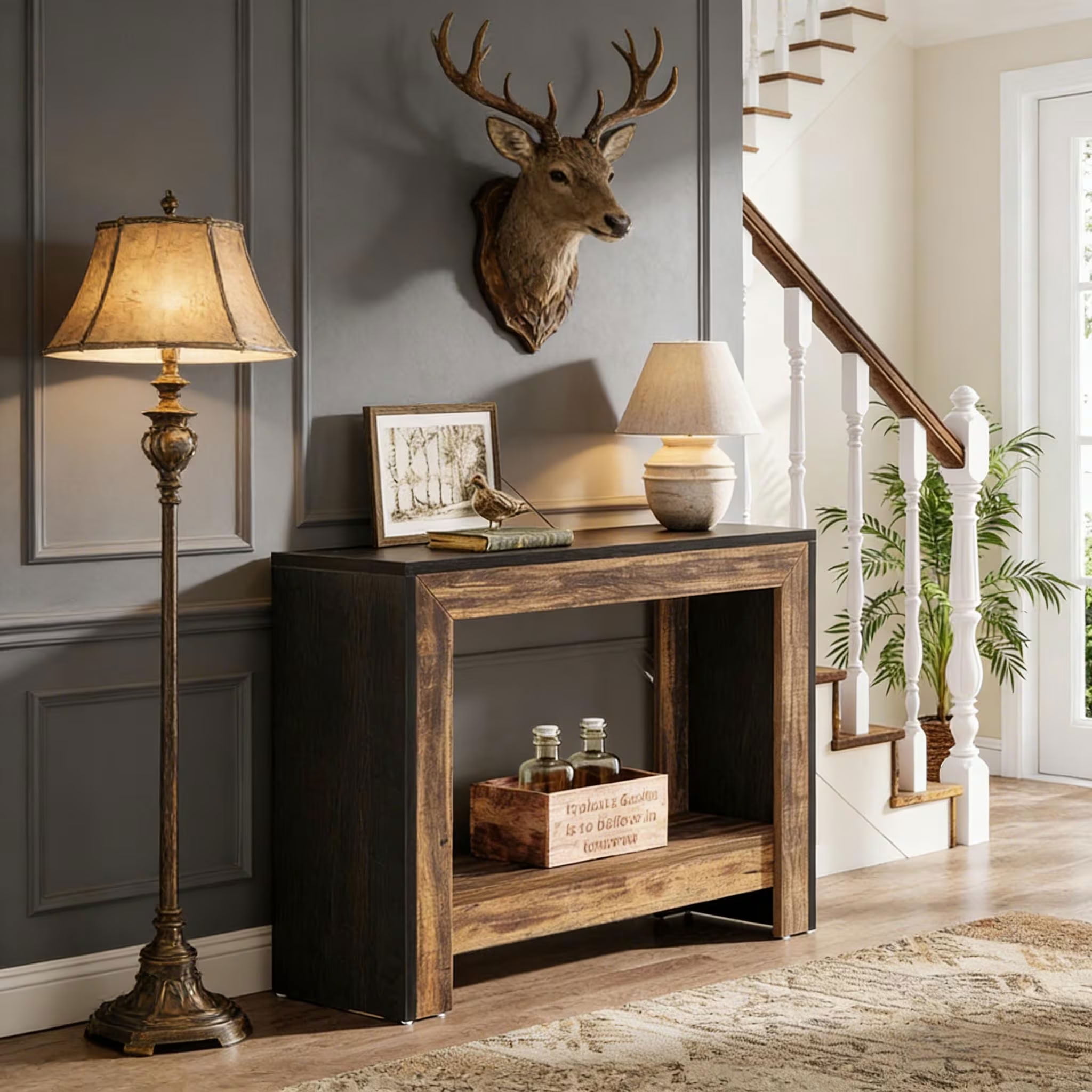 MAYEERTY 41.3" Farmhouse Console Table, Rustic Wood Entryway Table with Open Storage Shelf, for Living Room, Hallway, Small Spaces