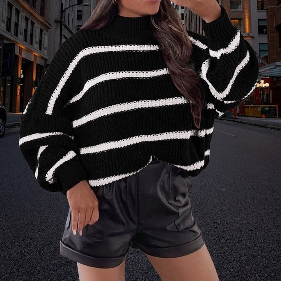 Qetyuw Crochet Knit Sweater for Women Striped Long Sleeve Turtleneck Pullover Jumpers Oversized Chunky Casual Sweaters