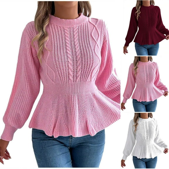 Aboser Women's Cable Knit Peplum Sweaters Elegant Ruffle Hem Tunic Shirts Trendy Long Lantern Sleeve Pullover Sweater Breathable Soft Crewneck Jumper Tops