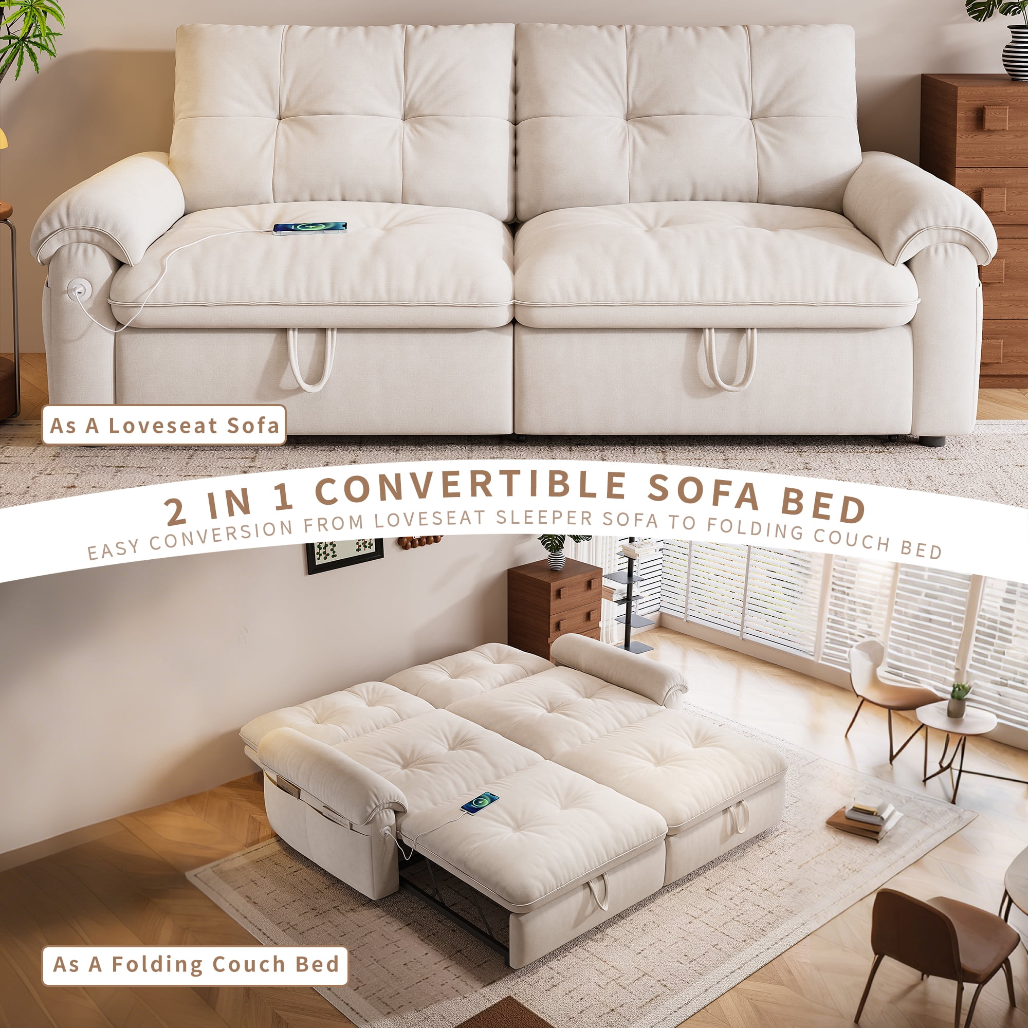 LLappuil 77" Pull Out Sofa Bed Queen Size, Loveseat Sofa Convertible Sleeper Sofa Bed, Flannelette Fabric Sofa Couch for Living Room Beige