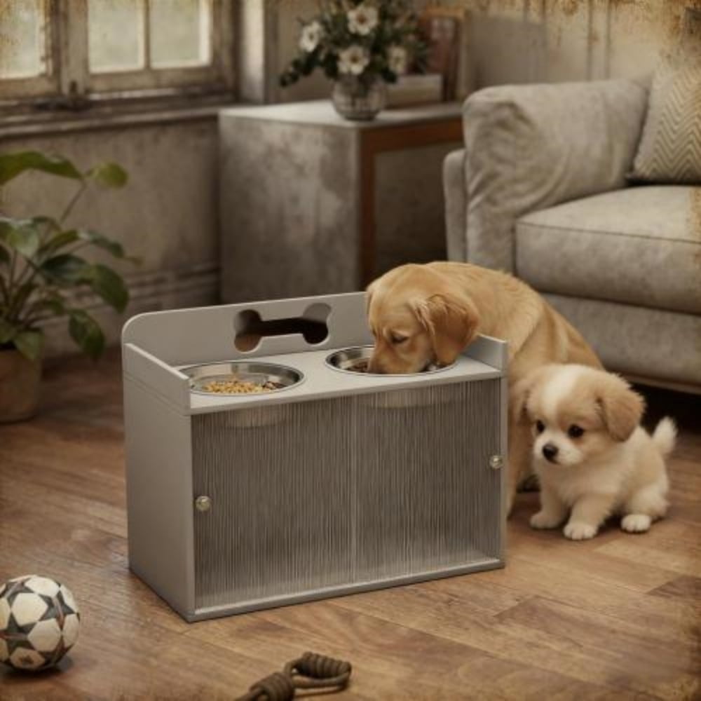 Elevated Dog Bowls with 2 Stainless Steel Bowls, 23.6" Large Breed Raised Dog Feeder Stand with Storage Cabinet, Slow Feeder & Water Bowl Included, Gray
