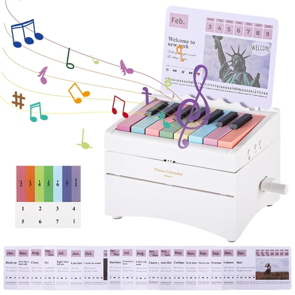 Desk Calendar 2025 with Piano Design, White Mini Piano Calendar, 52 Music Scores in 27 Cards, Multicolored Keys, Unique Stand