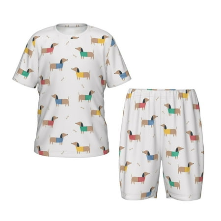 Sikiie Dachshund Dog Puppy Print Children s Short-sleeved Pajamas Set  Round Neck Top with Elastic Waist and Shorts  Two-piece Set  Suitable for Pajamas and Home Clothes-Medium