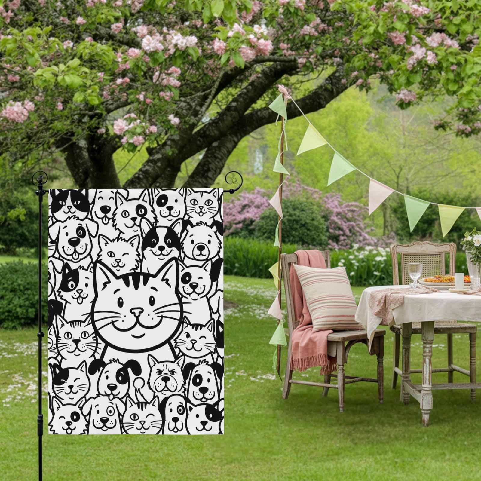 Cartoon Cat House Flag 28 x 40 Inches, Cute Dog Black White Line Animal Abstract Weather Proof Outdoor Patio Flags Double Sided Small House Decoration for Yard Lawn Outside Home