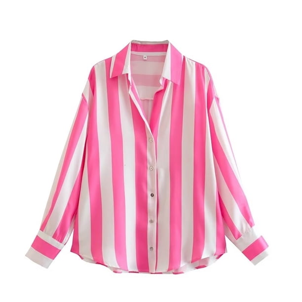 Camisa de gran tamaño a rayas for mujer, blusa de satén, camisas de manga larga con botones for camisas y blusas con cuello