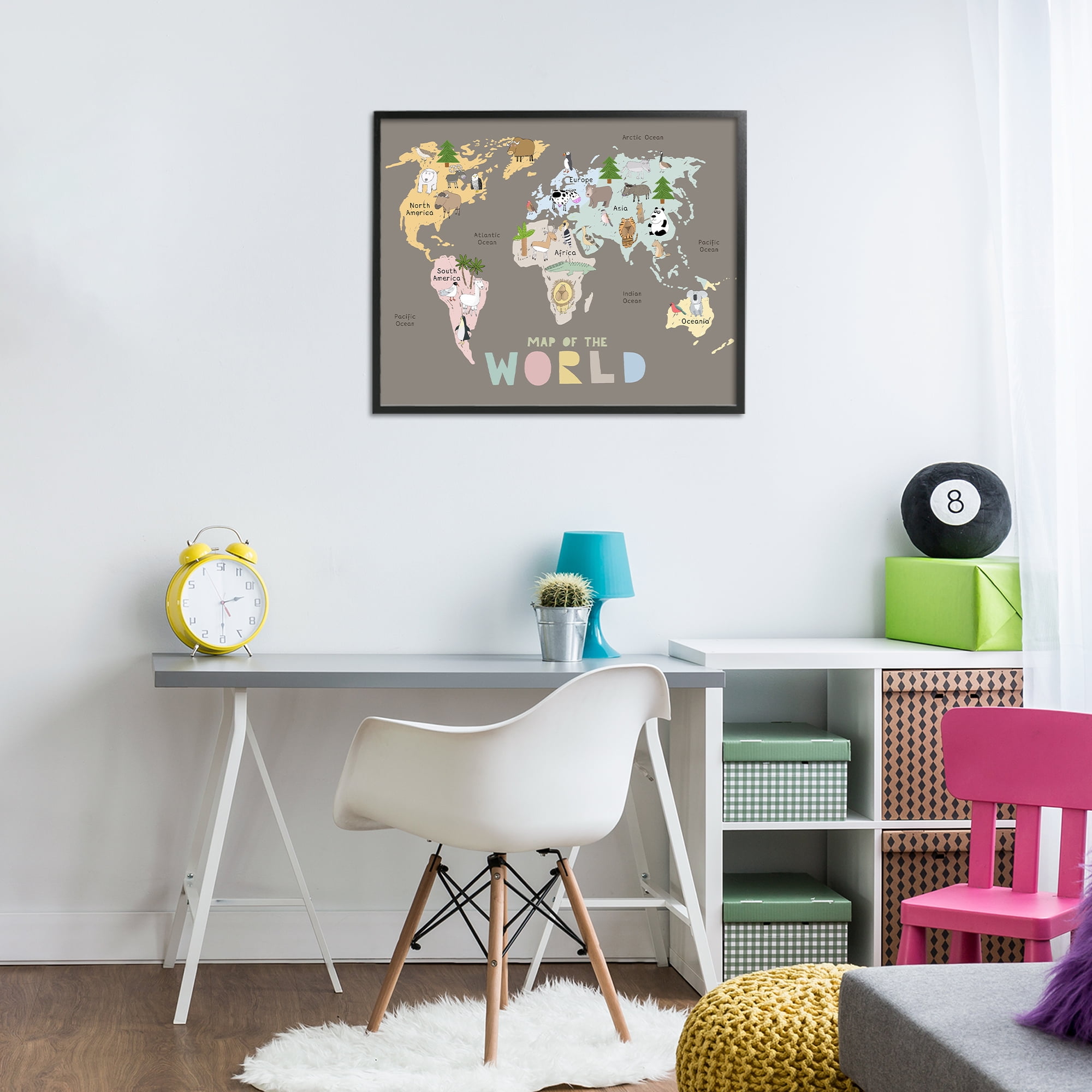 Kid's Map Of World Brown Black Framed Giclee Art, design by Carla Daly