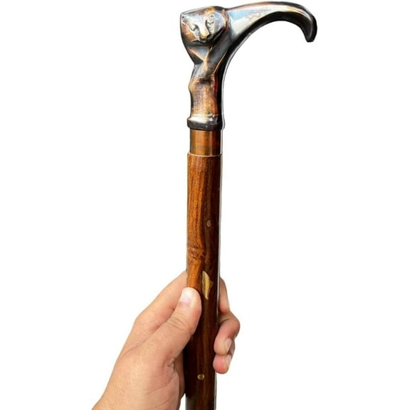 NAUTICALMARTUS Antique Cat Handle Head & Brown Wooden Walking Stick Cane Walking Brass Handle Brass Cane Walking Stick Design Vintage Walking Cane