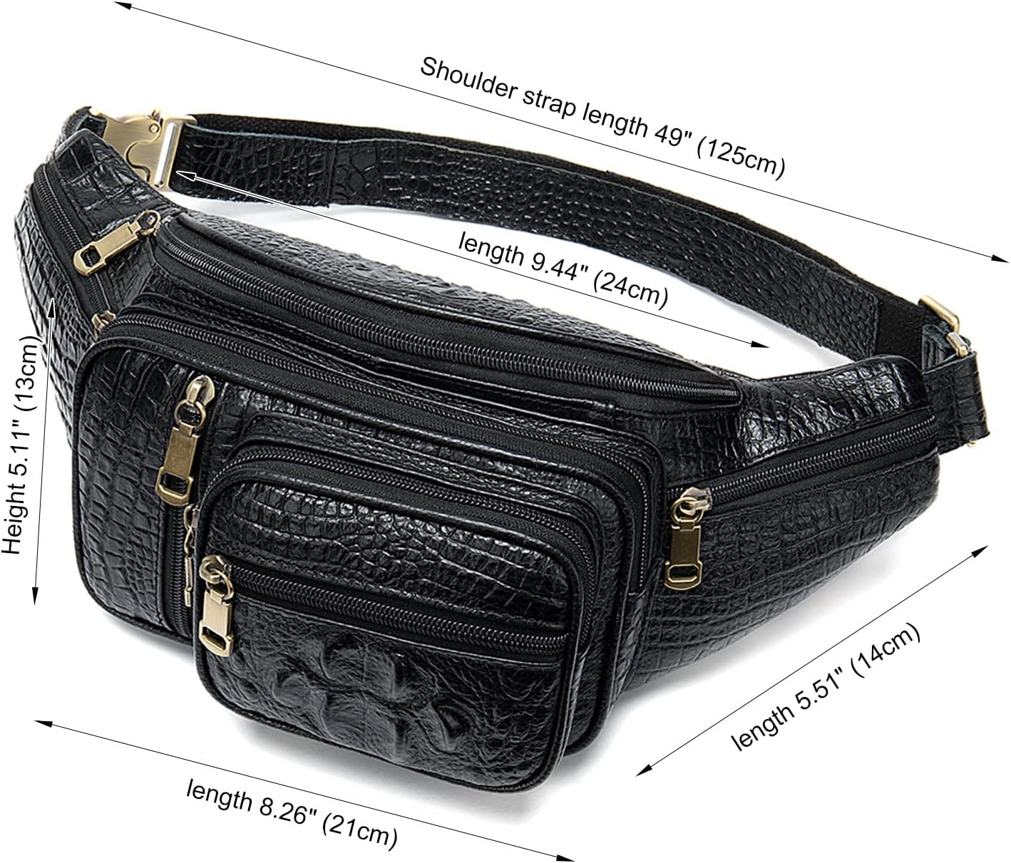 MARRANT Genuine Leather Fanny Pack for Men, Large Capacity Crossbody Waist Bag with Multiple Zipper Pockets,Black Croco