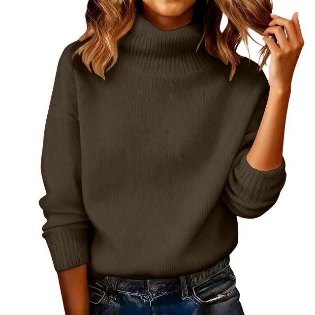 Comdrip Chandails Confortables pour Femmes Chandails Surdimensionnés Confortables en Tricot Col Rond Automne Chandail Tendance Tenues d'Automne Chandail Col Roulé Femmes, Café TG
