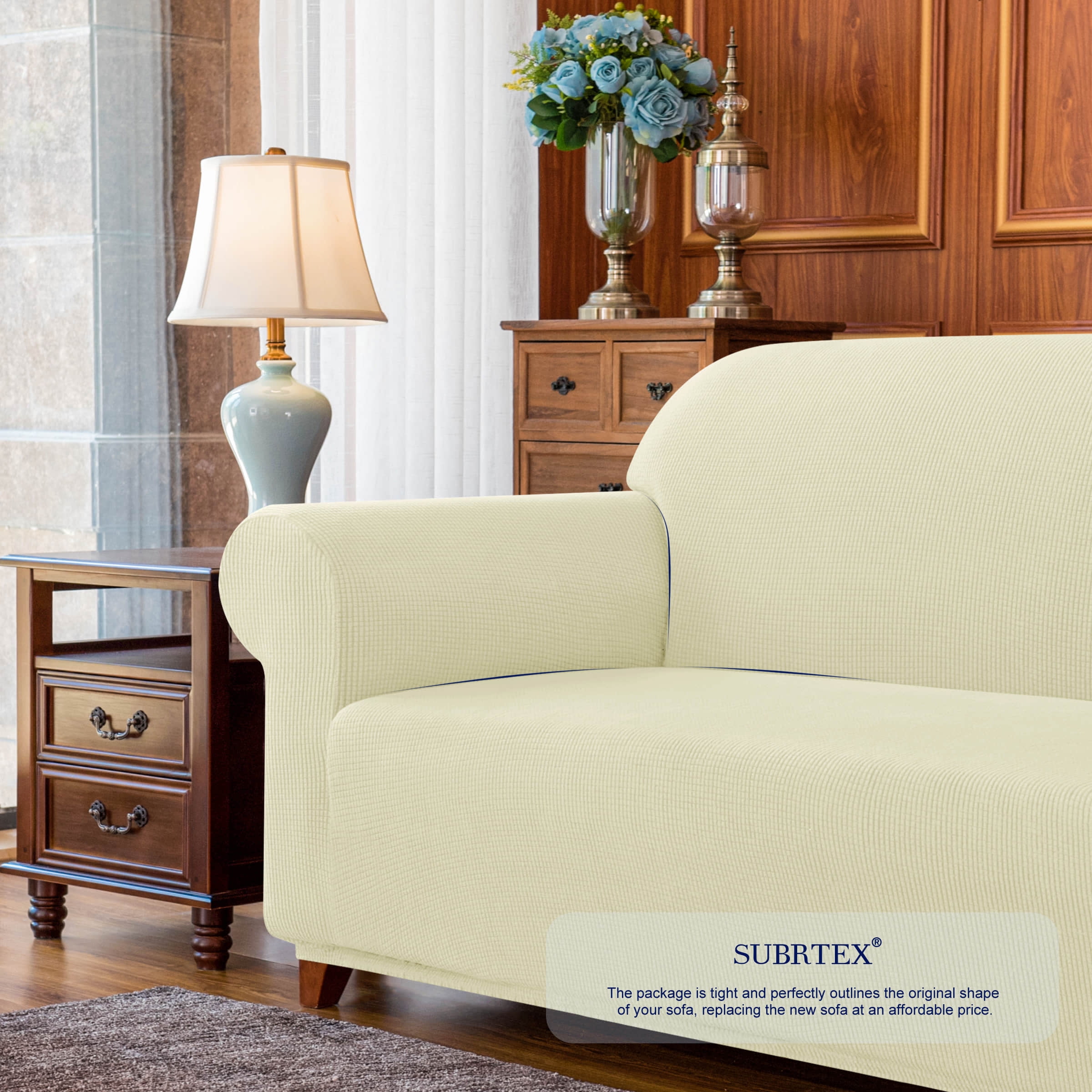 Subrtex Solid Print Polyester Loveseat Slipcover, Ivory